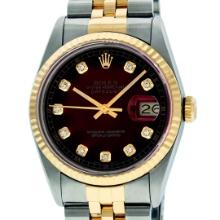 Rolex Mens Two Tone Red Vignette Diamond Dial Datejust Wriswatch 36MM