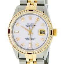 Rolex Mens Two Tone White Diamond And Ruby Channel Set Datejust Wristwatch 36MM