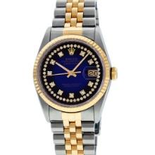 Rolex Mens Two Tone Blue Vignette Diamond Dial 36MM Datejust Wristwatch