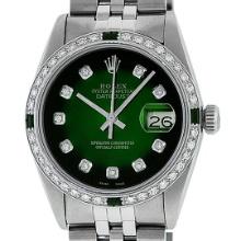 Rolex Mens Stainless Steel 36mm Green Vignette Diamond Datejust Wristwatch