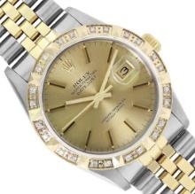Rolex Mens Two Tone Champagne Index Dial Pyramid Diamond Bezel With Rolex Box