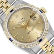 Rolex Mens Two Tone Champagne Index Dial Yellow Gold And Sapphire Datejust With