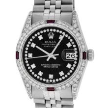 Rolex Mens Stainless Steel Black String Diamond Lugs And Ruby Datejust 36MM