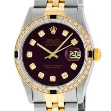 Rolex Mens Two Tone Maroon Dial Diamond And Sapphire 36MM Datejust Wriswatch