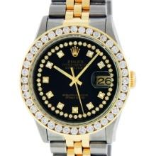 Rolex Mens Two Tone Black String 3CTW Channel Set Diamond Datejust Wristwatch 36