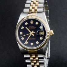 Rolex Mens Two Tone Black Diamond 36MM Datejust Wristwatch