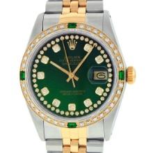 Rolex Mens Two Tone And Stainless Steel Green String And Emerald Datejust Wristw