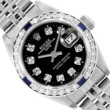Rolex Ladies Stainless Steel Black Diamond and Sapphire Bezel Date Watch With Ro