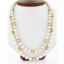 Vintage 38.5" Long 8-8.5mm Pearl & 14k Yellow Gold Polished Bead Strand Necklace