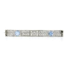 Antique Art Deco 14k White Gold Aquamarine Diamond Open Filigree Bar Pin Brooch