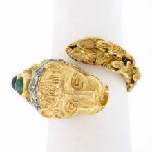 Vintage 18k Gold Lion Head Diamond & Cabochon Multi Gemstone Textured Wrap Ring