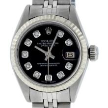 Rolex Ladies Quickset Stainless Steel Black Diamond 26MM Datejust Wristwatch