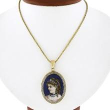 Antique Victorian 14k Gold Enamel Portrait Oval Locket Pendant & Chain Necklace