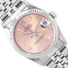Rolex Ladies Stainless Steel Midsize 31MM Salmon Arabic Dial 18K Gold Fluted Bez