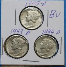 Lot of 3 Silver Mercury Dimes 1943-D, 1944-D, 1945-D