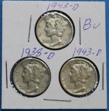 Lot of 3 Silver Mercury Dimes 1938-D, 1943-D, 1943-D