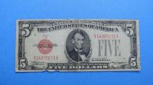 1928 B United States Note Five Dollar Bill $5 Red Label