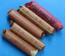 5 ROLLS OF WHEAT PENNIES - 250 PENNIES TOTAL