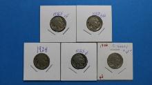 Lot of 5 Indian Head Buffalo Nickels - Various Years