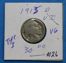 1913 D Indian Head Buffalo Nickel Variety 1 High Ground