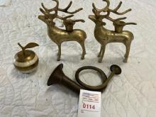 2 brass candle holders, brass horn and paper weights