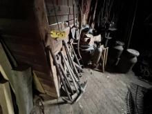 CONTENTS OF ROOM: LONG HANDLED TOOLS, MILK CANS, PEDESTAL GRINDER, CHAIN & STRAPS, MISC.