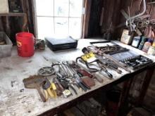 MISC. TOOL LOT: PARTS CABINET, BENCH VISE, GREASE GUN & OILERS, ANTIQUE HAND TOOLS