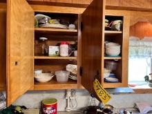 CONTENTS IN KITCHEN CABINETS: MEAT GRINDERS, POTS, PANS, GLASSWARE, DISHWARE