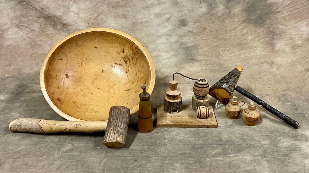 Antique Touristware And Wooden Bowl