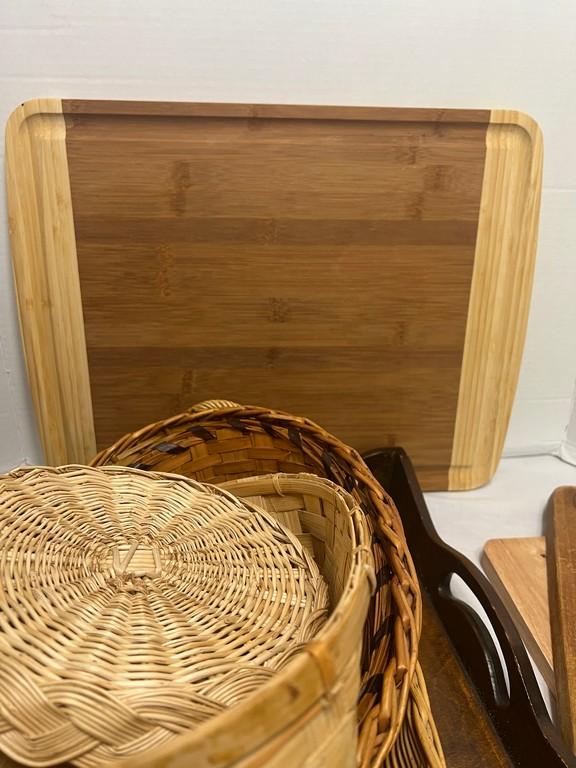 Tray Lot Wood Cutting Boards, Tray And Baskets