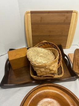Tray Lot Wood Cutting Boards, Tray And Baskets