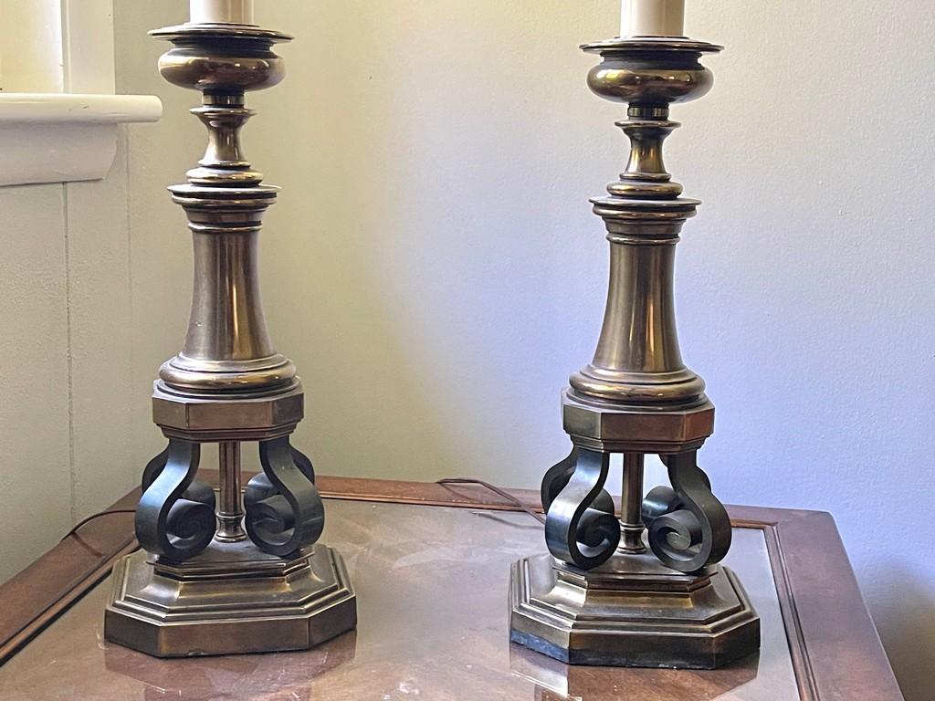 Pair Of Tall Brass Candle Shape Table Lamps