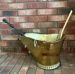 Brass Coal Bucket with Two Fire Tools and Toy Radio Flyer Wagon