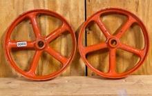 Pair Of Orange Painted Cast iron Wheels