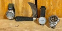 3 Watches & Hawkbill Knife