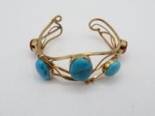 Veronica Poblano 14K Yellow Gold, Turquoise and Coral Cuff Bracelet