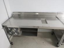 6FT S/STEEL WORK TABLE WITH NO-DRIP EDGE, TRASH CHUTE, CUP DISPENSERS 30" DEEP