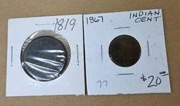 1819 One Cent Coin & 1867 Indian Head Penny