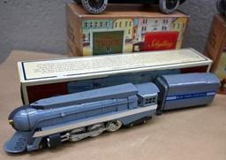 Two Restoration Hardware New York Central Locomotive Toys with Boxes