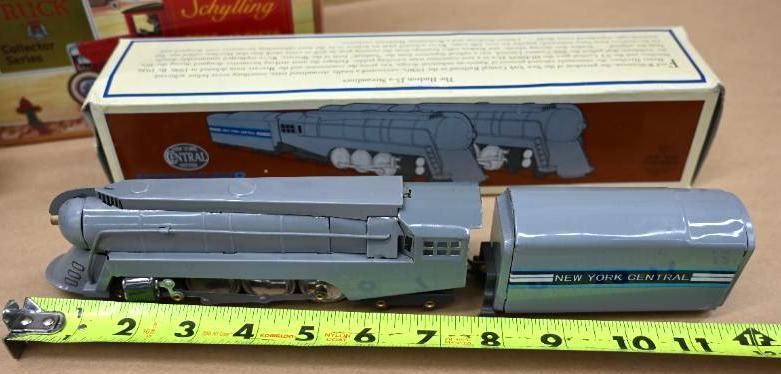 Two Restoration Hardware New York Central Locomotive Toys with Boxes
