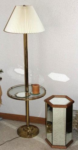 Brass Floor Lamp with Mirrored Side Table