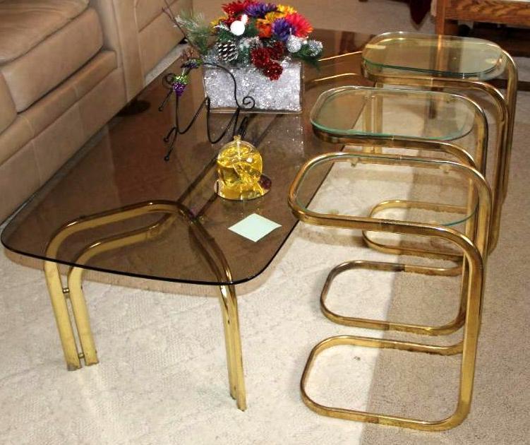 Brass and Glass Coffee Table and Side Tables