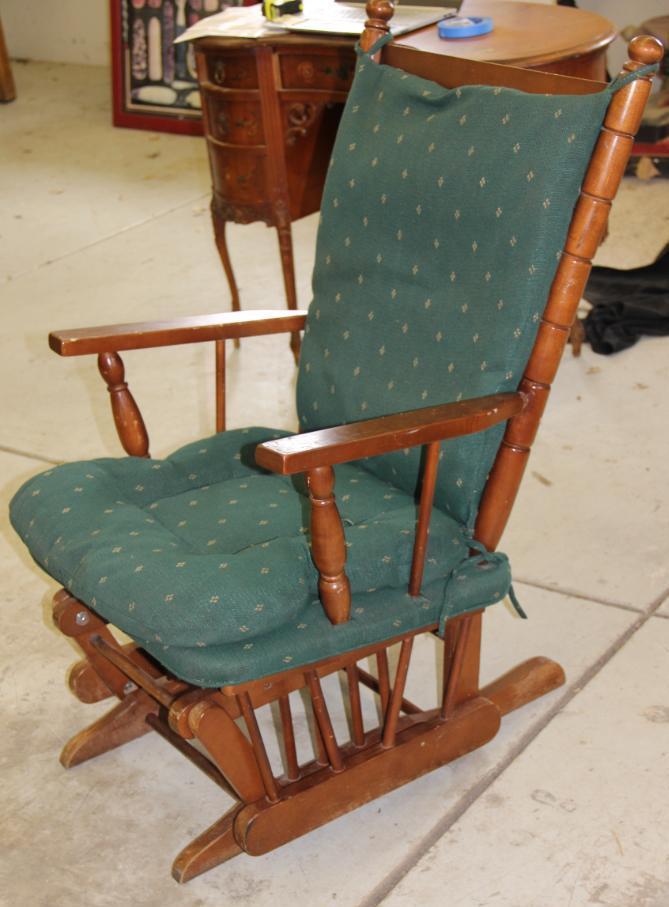 Wood Glider with Green Upholstered Cushions