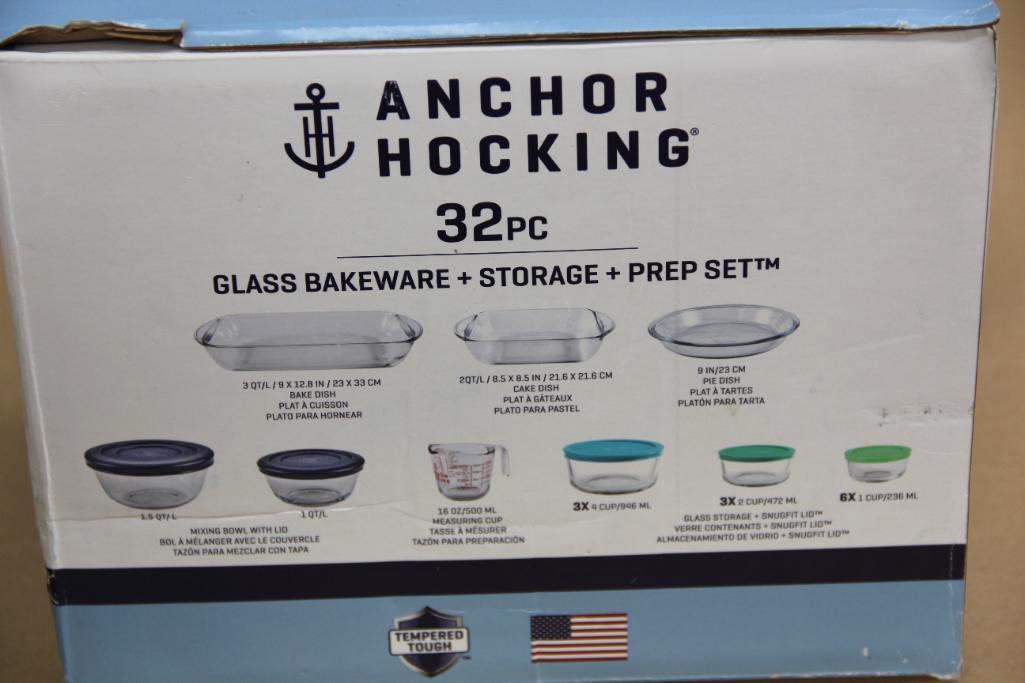 Anchor Hocking 32-Piece Glass Bakeware and Storage Set and 12 Stemmed Glasses