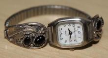 Beautiful Sterling Southwest Ladies Watch with Onyx Cabochons