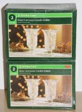 Two New Boxes Holiday Time Glass Hurricane Candle Holders