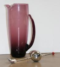 Delicate Dark Amethyst Glass Cocktail Pitcher with Spoon and Steel Cooling Ball