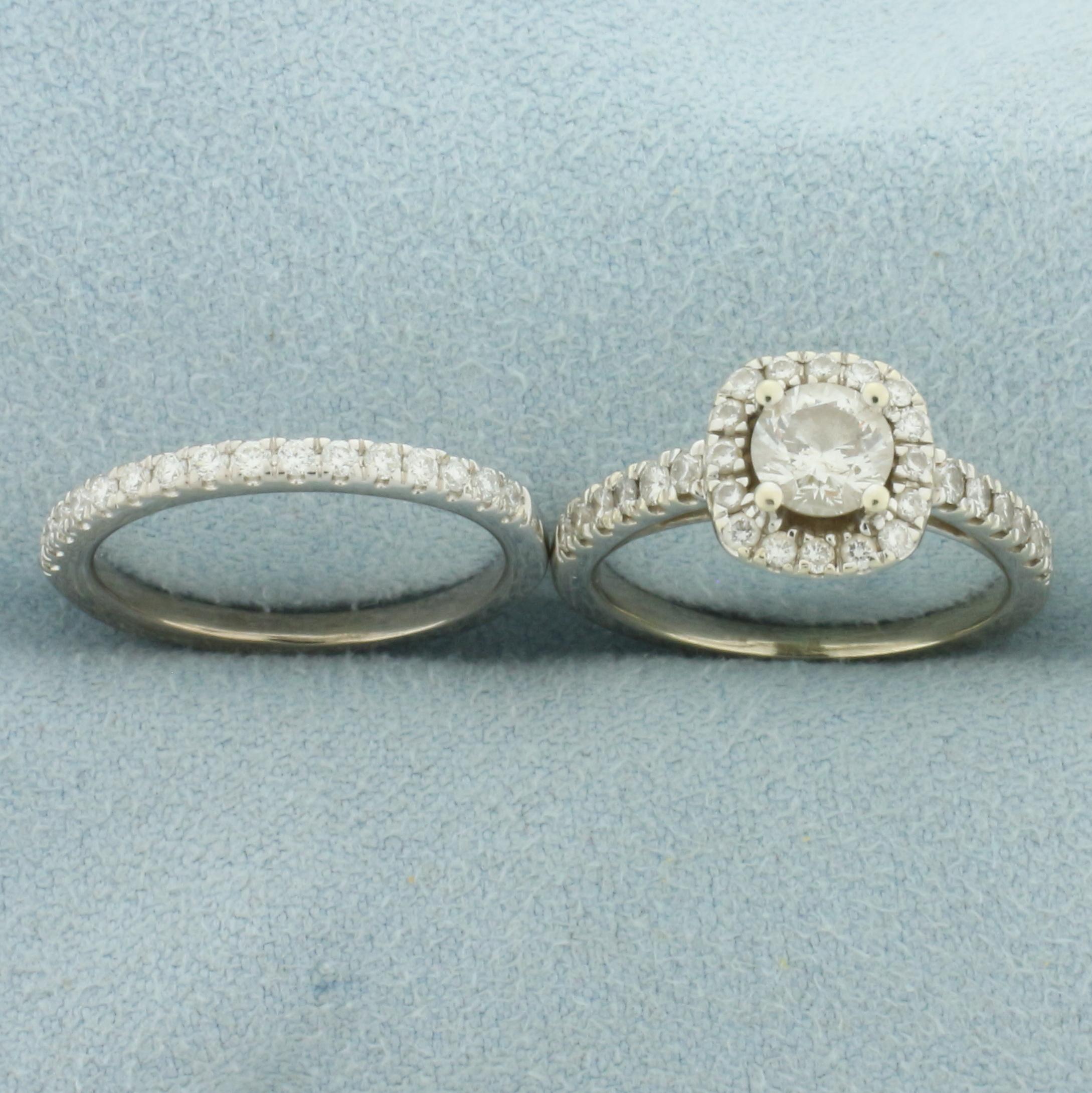 Diamond Halo Engagement And Wedding Band Ring Bridal Set In 14k White Gold
