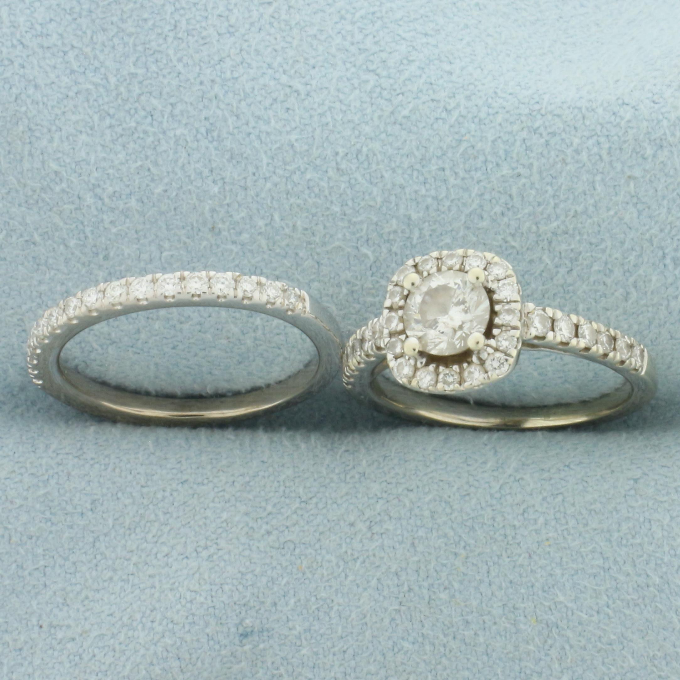 Diamond Halo Engagement And Wedding Band Ring Bridal Set In 14k White Gold