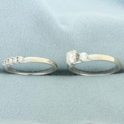 Diamond 3-stone Engagement Ring And Matching Wedding Band Bridal Set In 14k White Gold